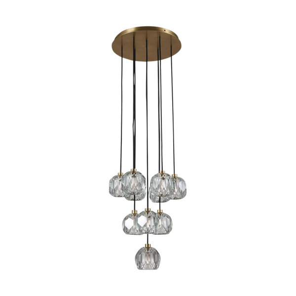 Howarth 10 Crystal Ball and Brass Cluster Pendant Chandelier