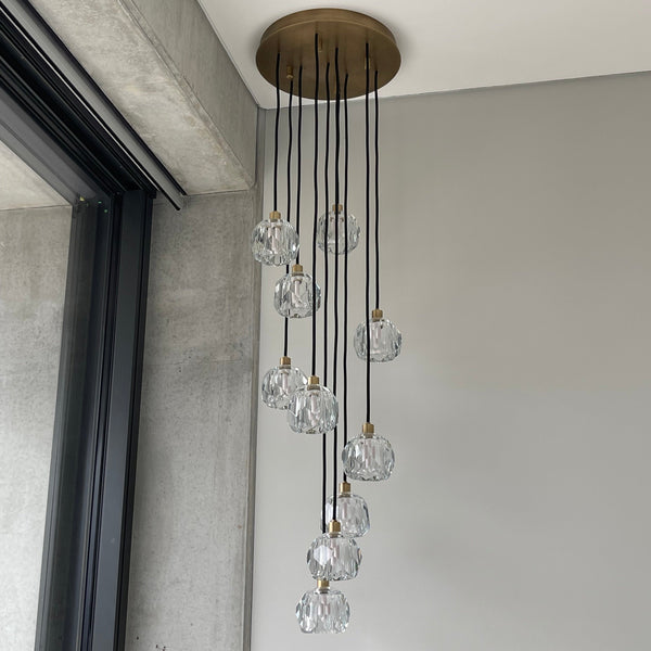 Howarth 10 Crystal Ball and Brass Cluster Pendant Chandelier