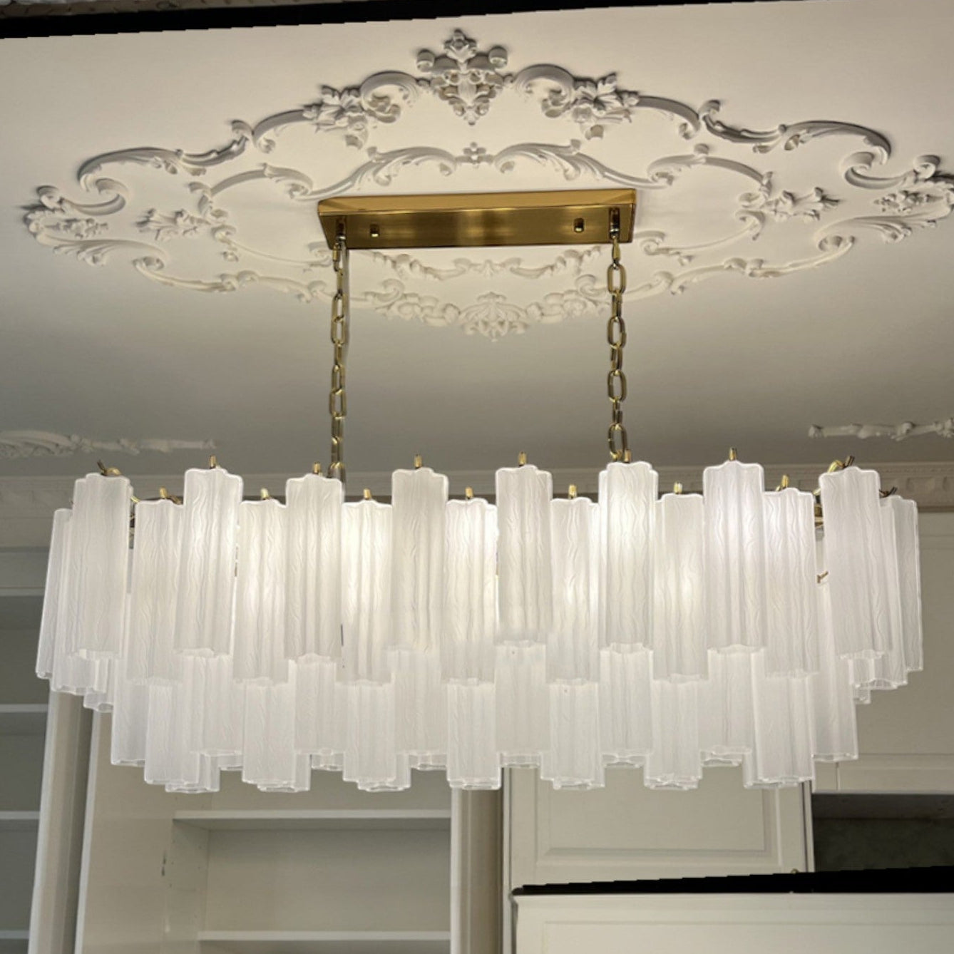 Aria multi-tier linear glass chandelier