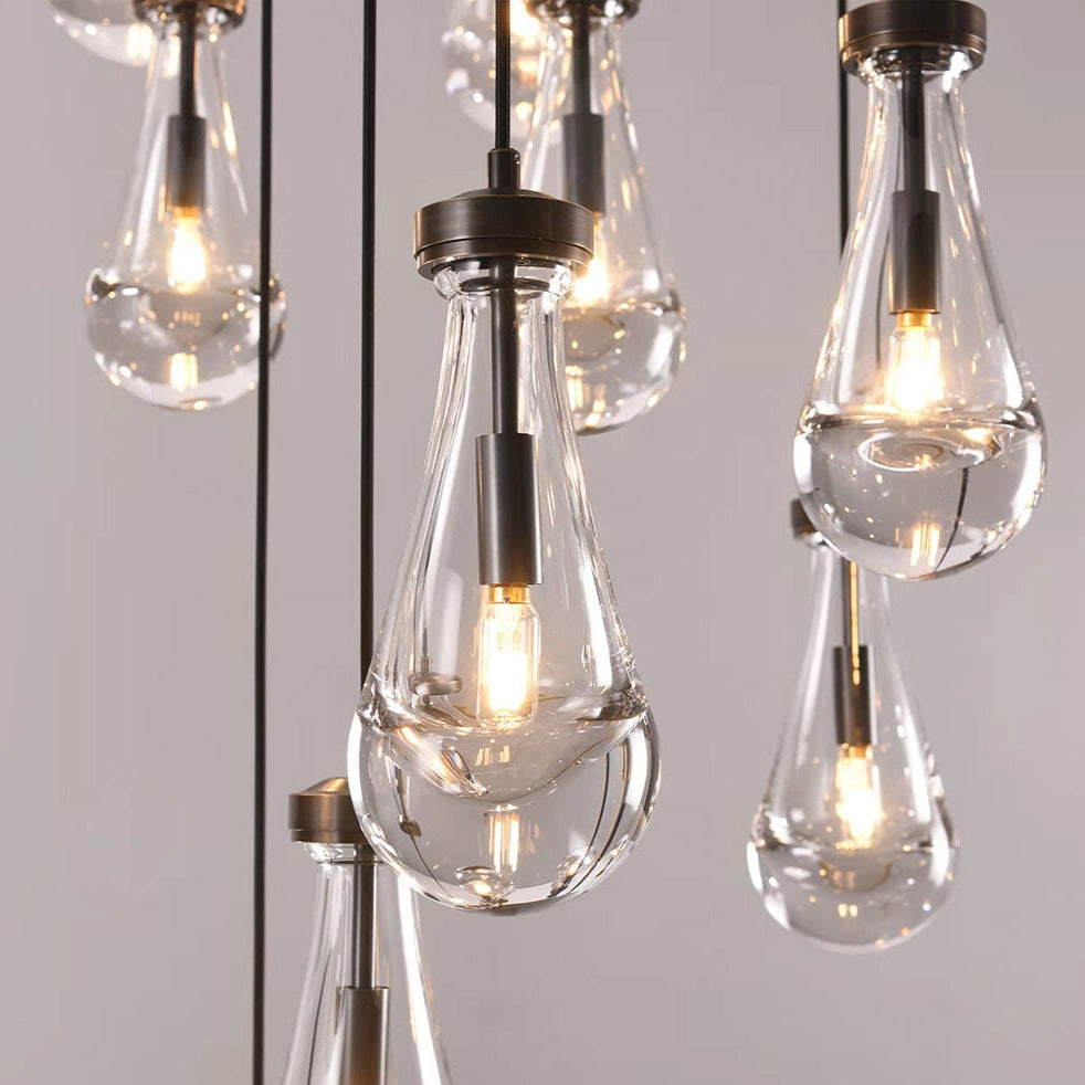 May Teardrop Glass Shade Statement Chandelier bronze tear drops close up view illuminated