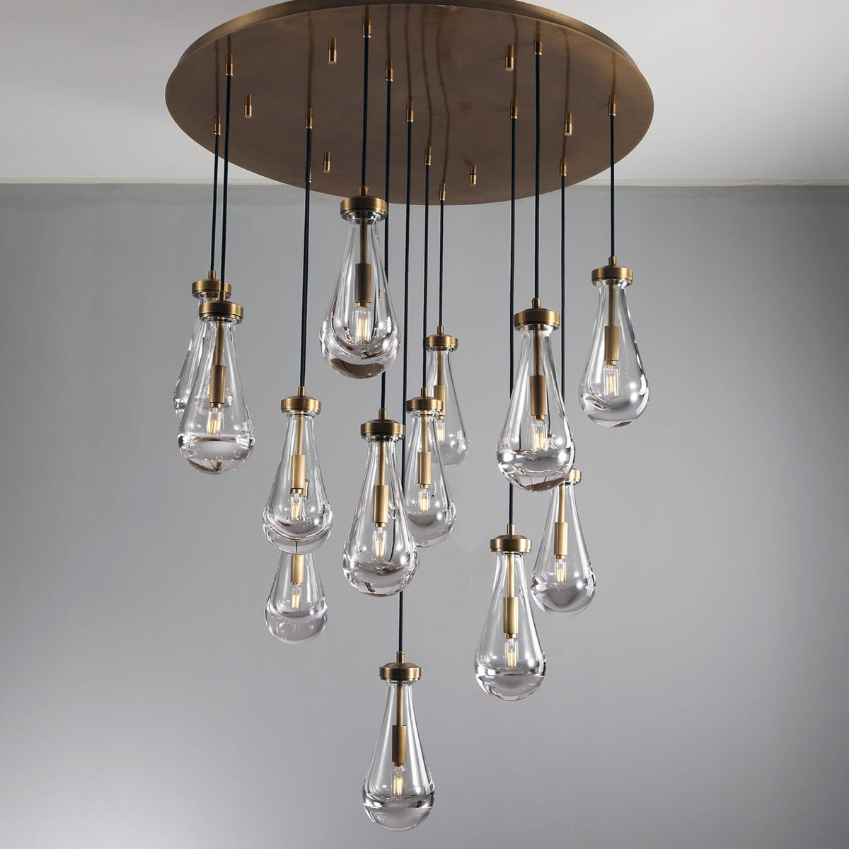 May Teardrop Glass Shade Statement Chandelier round brass ceiling plate view full pendant