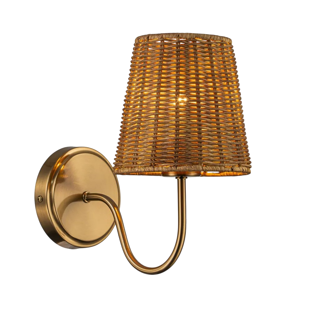 Athens Antique Brass Wall Lamp with Natural Ratten Shade