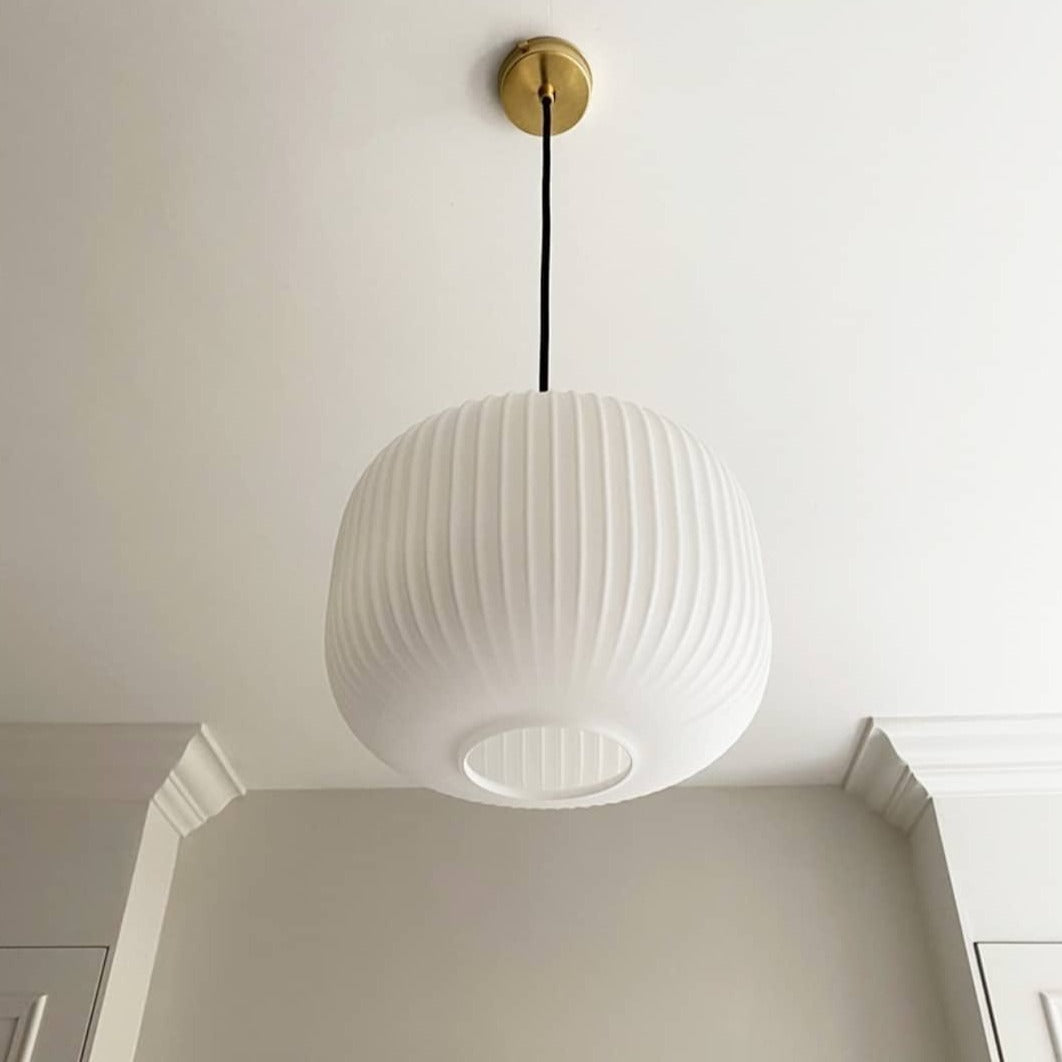 Stunning Ashter pendant lamp in ribbed matte white opal glass taken in perth bedroom insta