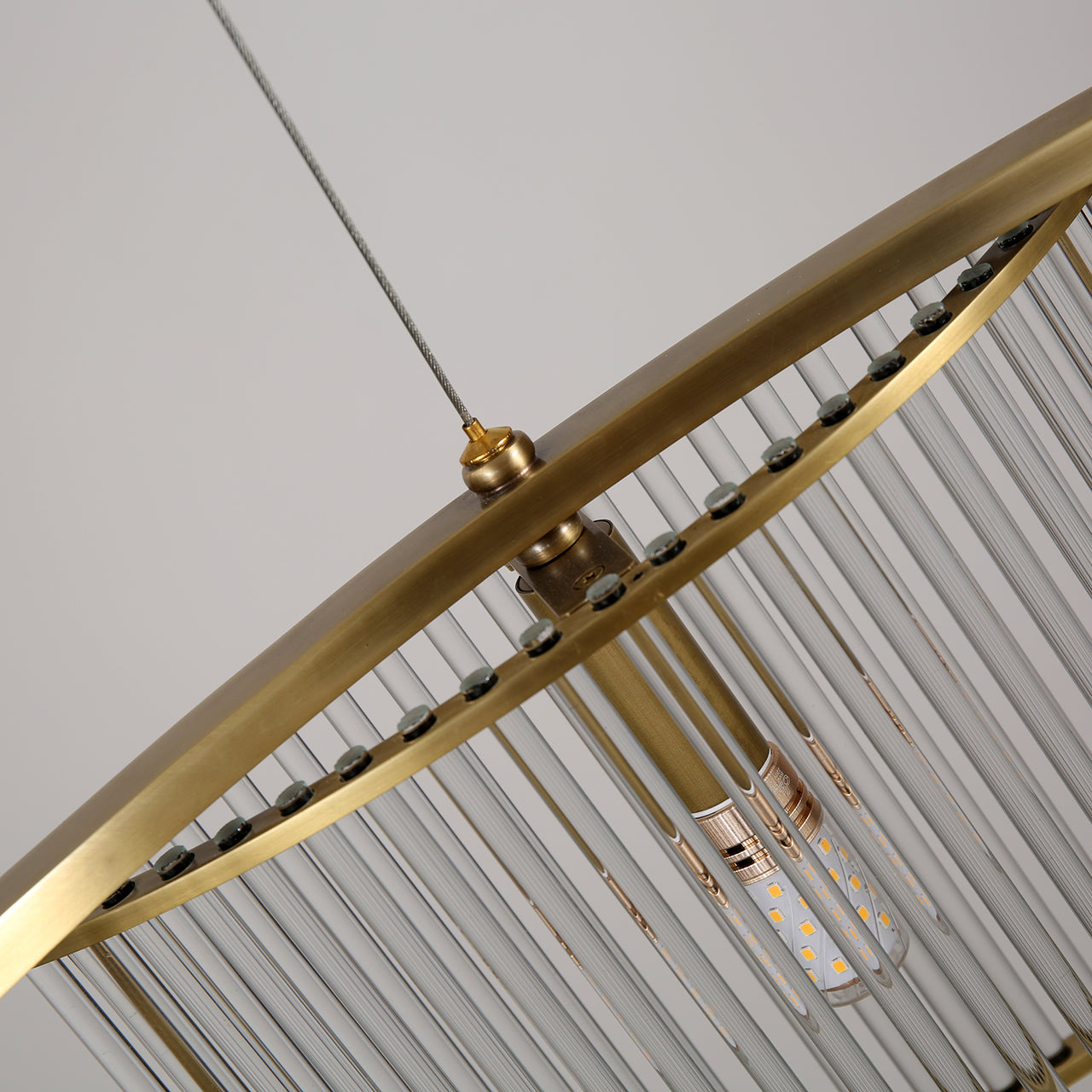 Glebe 6 Lamp Brass with Glass Rod Chandelier view of electricals and dropper