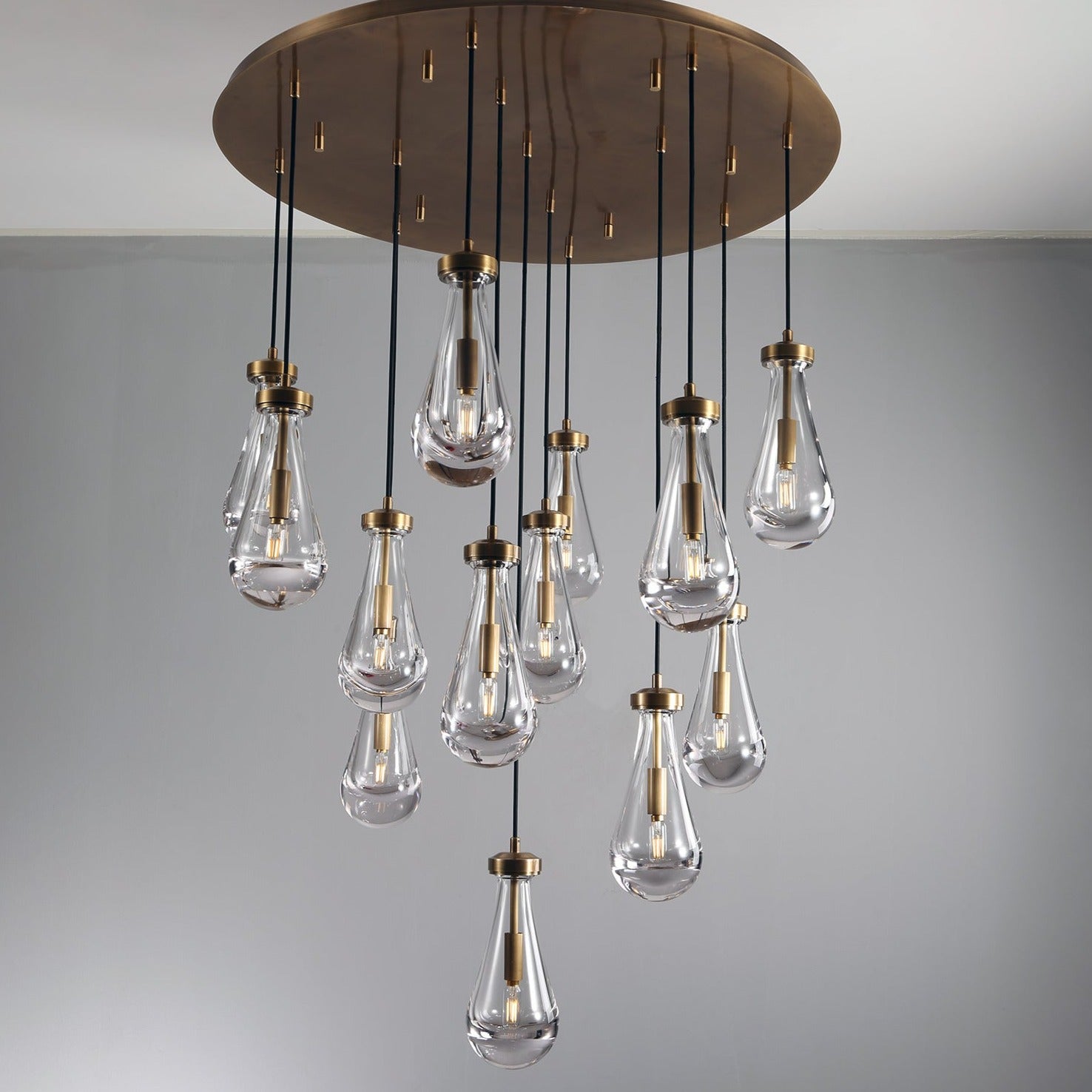 May Teardrop Glass Shade Statement Chandelier round brass ceiling plate view full pendant
