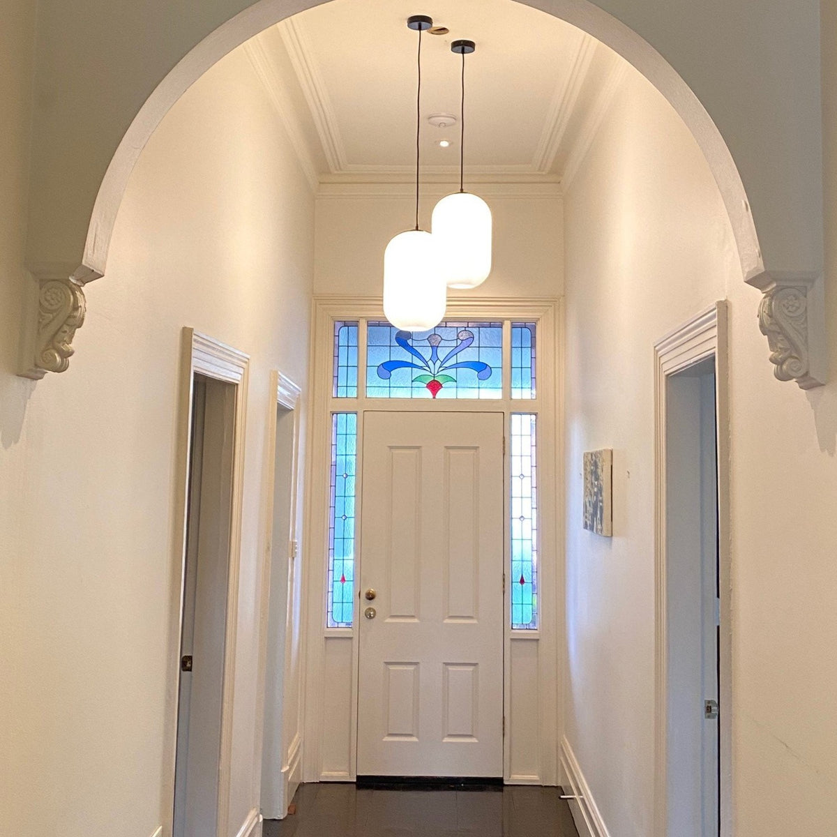 SMITH&SMITH Reffro Matte-white pendant lamp in older melbourne restored hallway. insta