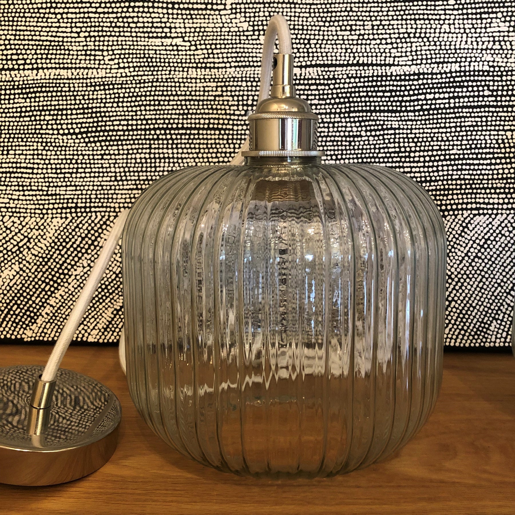 Cohen Small Hand-blown Lantern Pendant in Clear Glass with white cord and nickel lamp holder