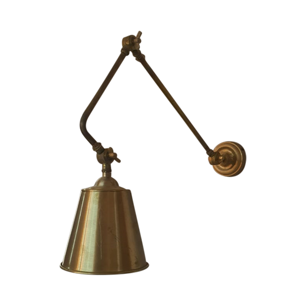 A quality hand-made and assembled solid brass adjustable wall lamp available in various finishes inlcude antique brass. profile view