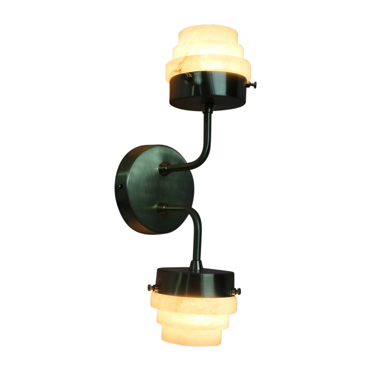 SMITH&SMITH Lighting Sydney Rockingham Double Sconce Brass Wall Light with Alabaster shade  illimunated