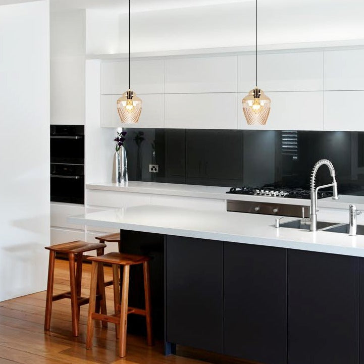 Zarz Amber Glass Pendants from SMITH&SMITH Lighting used above this Kitchen Island bench in Queensland Australia. insta