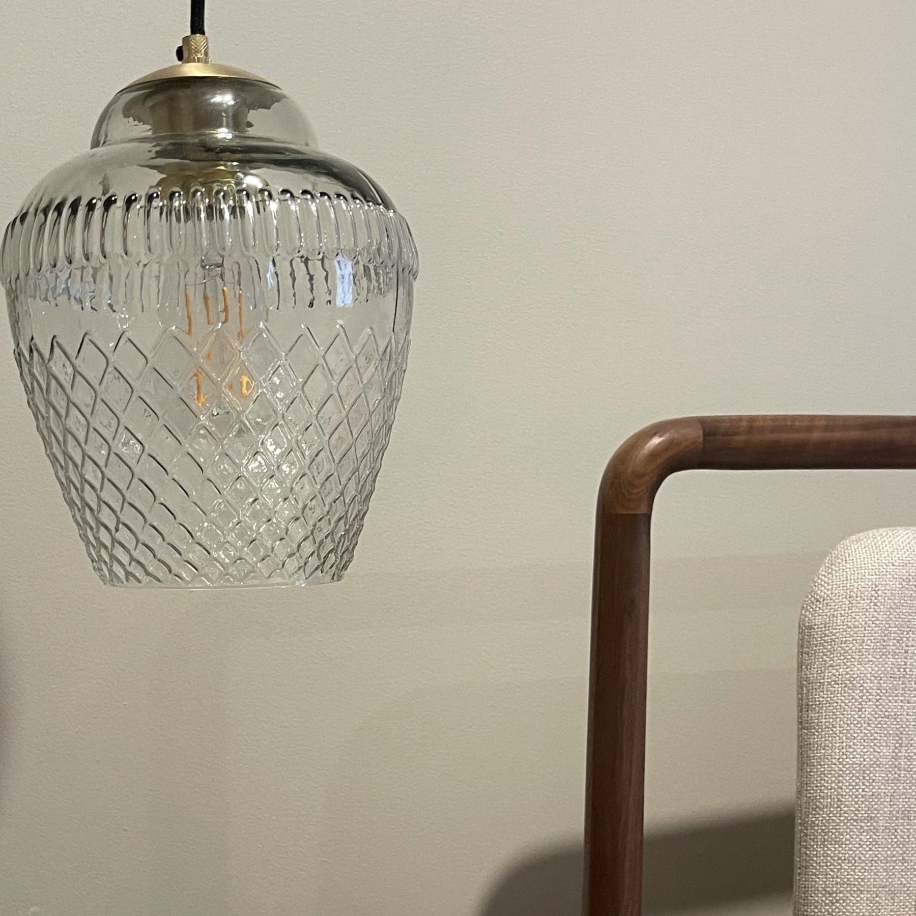 SMITH&SMITH Clear Glass Zarz Pendant Lamp used as bed side lamp in this Melbourne bedroom. insta